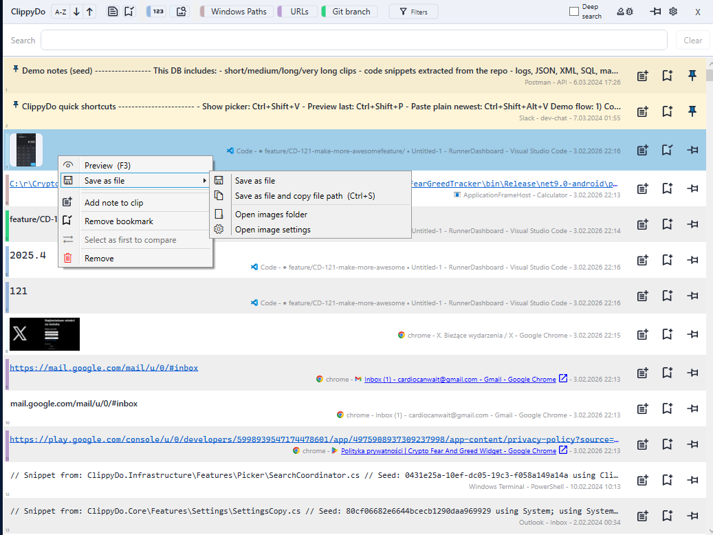 Filters and bookmarks in the toolbar